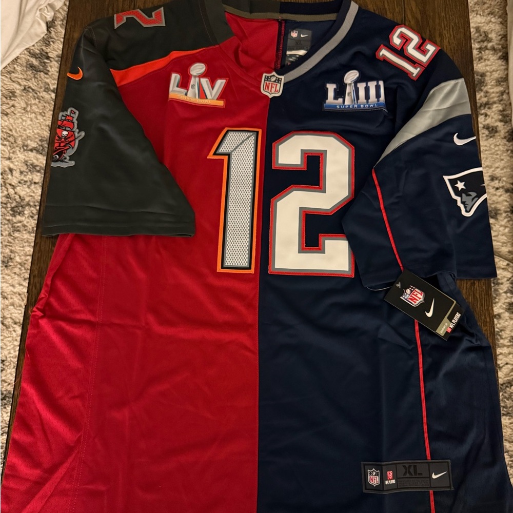 Tom Brady 12 Buccaneers and Patriots Red/Blue Split Jersey with tags - Picture 1 of 10